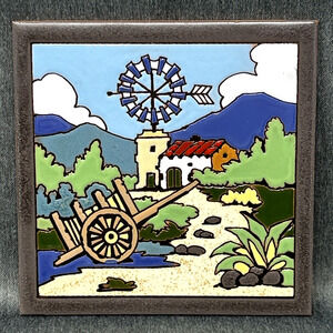VTG Ceramic Trivet Tile Castellon de la Plana Spain Earthtones Windmill Cart 6"